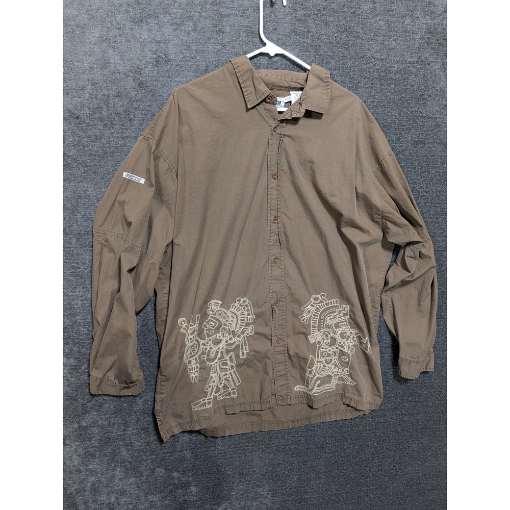 Mecca USA Mens XL Brown Cotton Aztec Embroidered Long Sleeve Button Down Shirt